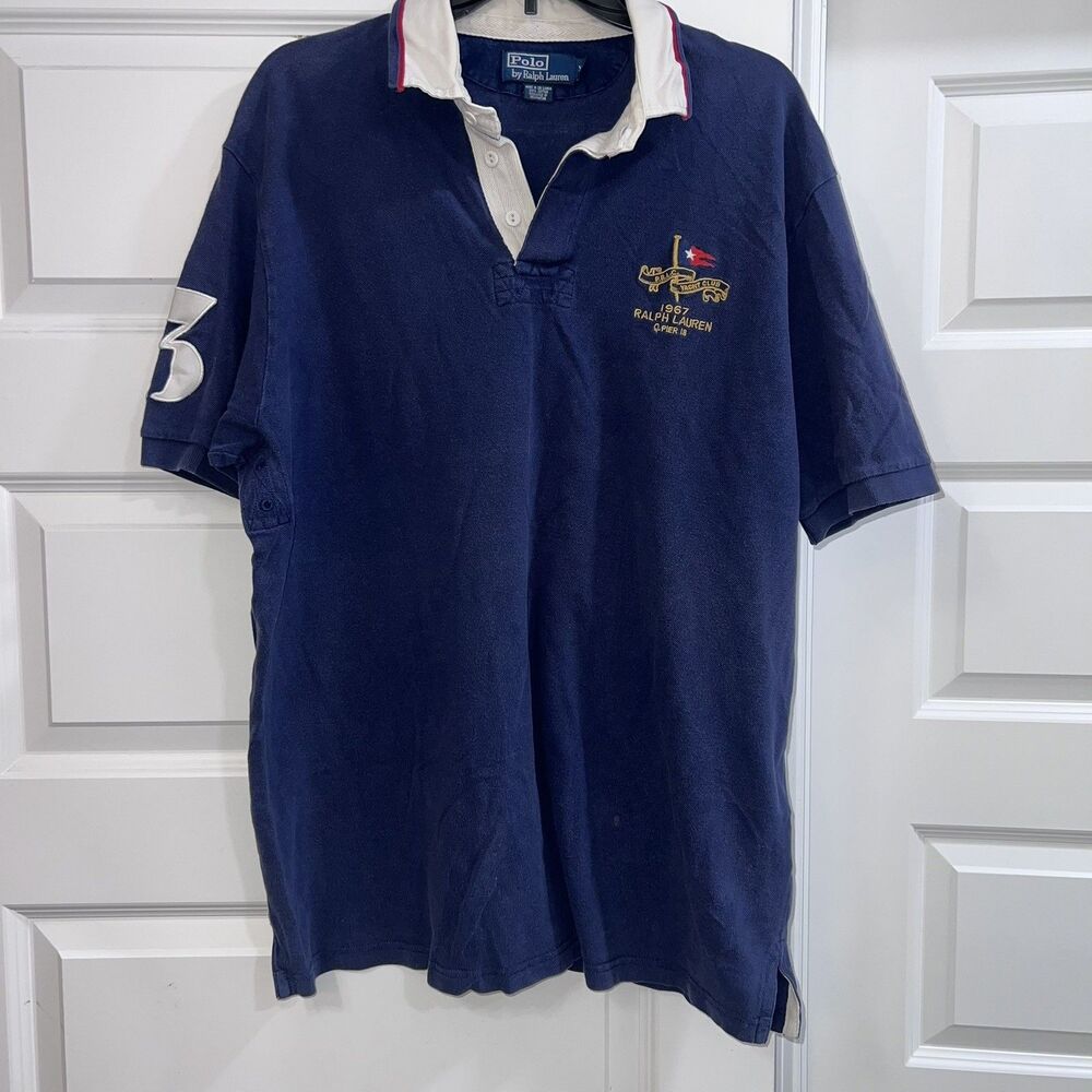 Men’s Polo Ralph Lauren Polo Shirt Yacht Club Blue White Collar Size XL Vintage